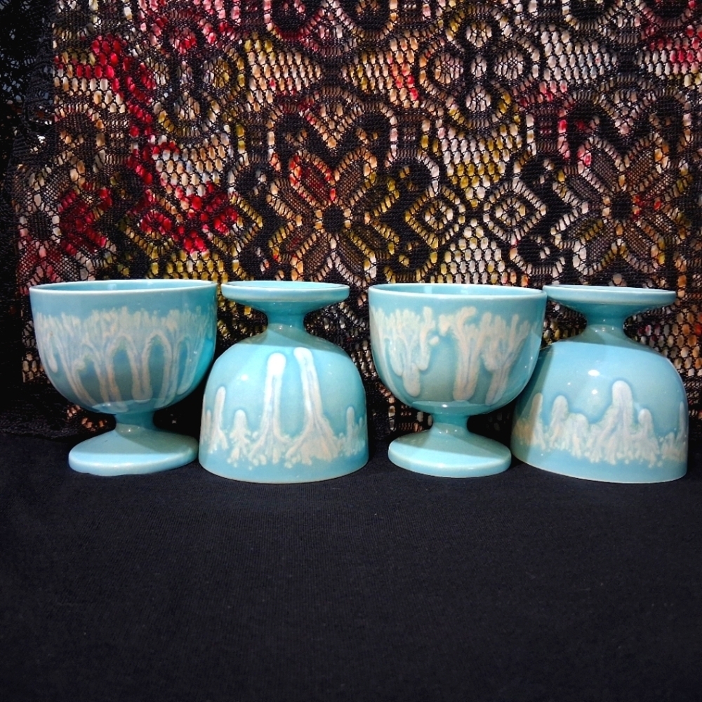 Antique Dessert Cups Drippy Celadon Ice Cream Sorbet Pudding Bowls Footed Glazed